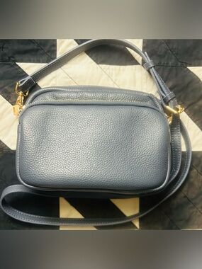 Pom Pom London denim blue leather crossbody bag with gold hardware